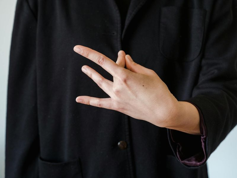 Detailed view of hands in a mudra position.