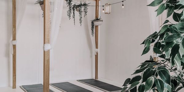 Minimalist yoga studio with natural light and plants.